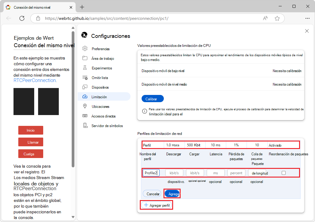 Creación de un nuevo perfil en la pestaña Limitación