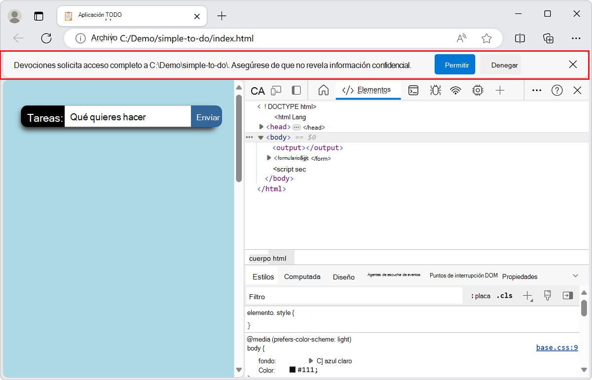 DevTools que pide obtener acceso a la carpeta