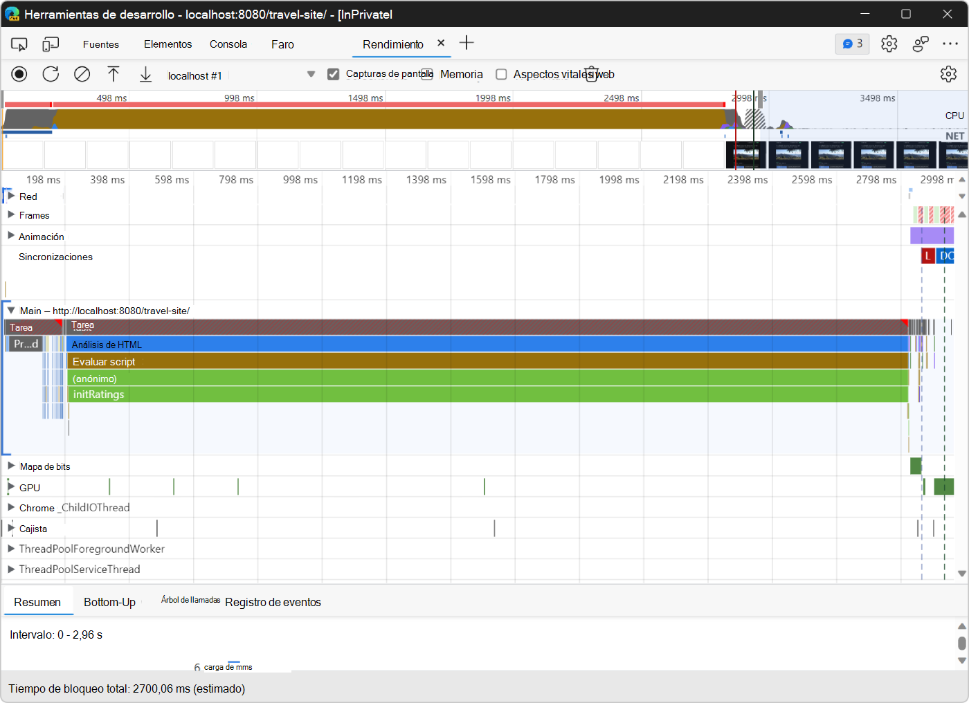 Seguimiento de la herramienta de rendimiento de la carga de página