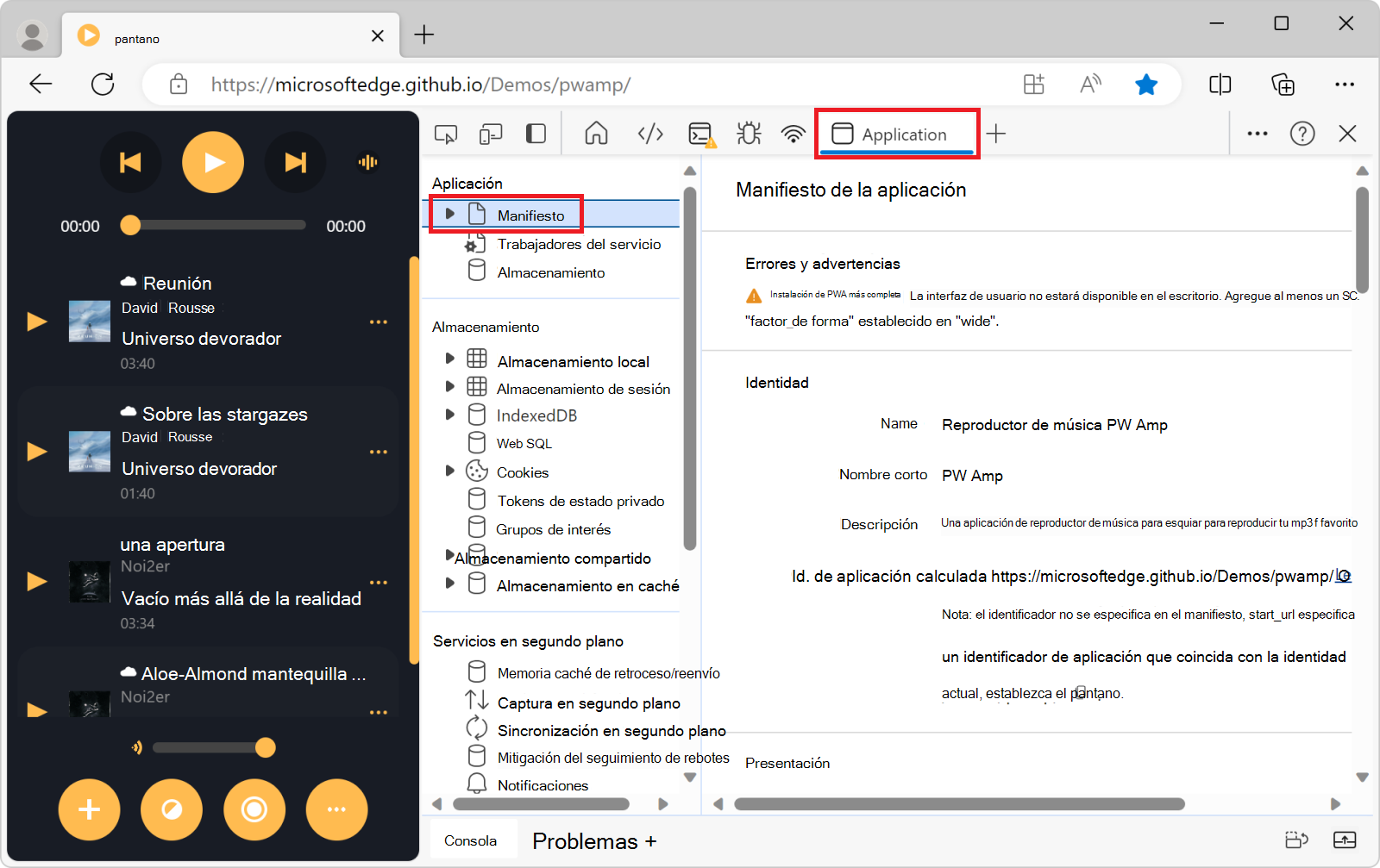 Panel Manifiesto de la herramienta Aplicación