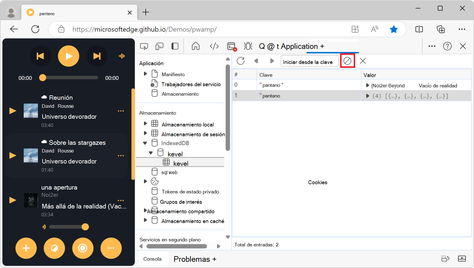 Botón borrar almacén de objetos de la barra de herramientas de la vista de almacén de objetos