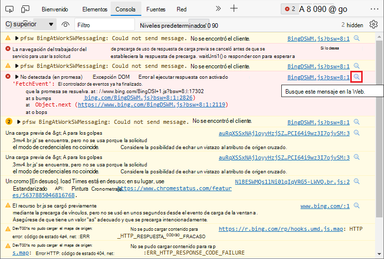 Todos los mensajes de error y advertencia de la consola ahora tienen un icono web de búsqueda