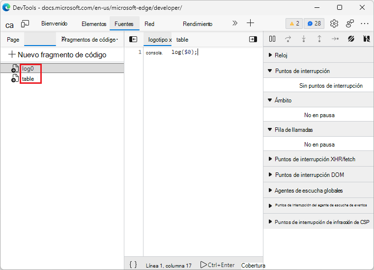 Fragmentos de código ordenados en el panel Orígenes
