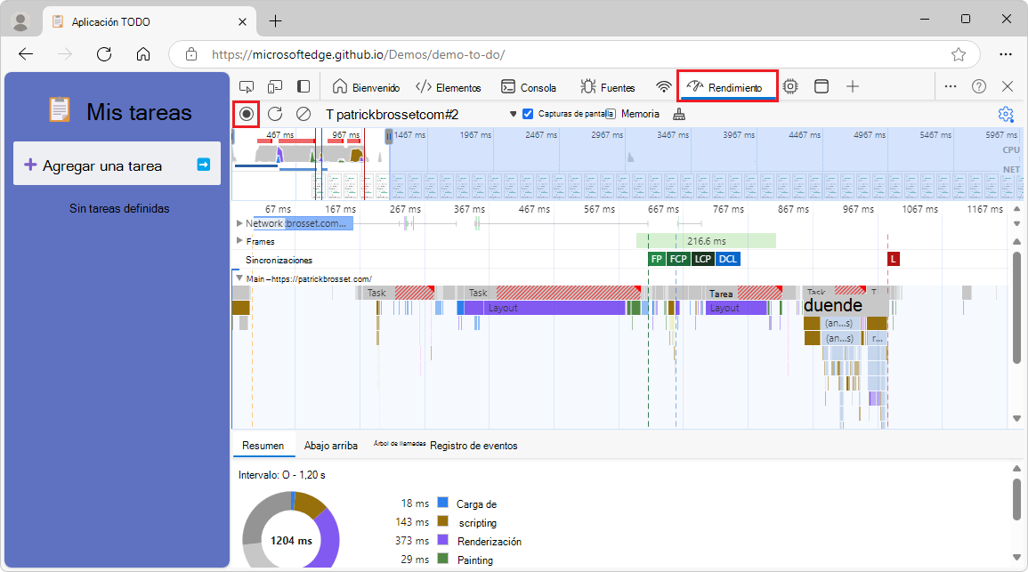 Perfil de rendimiento grabado que se muestra en la herramienta Rendimiento de DevTools