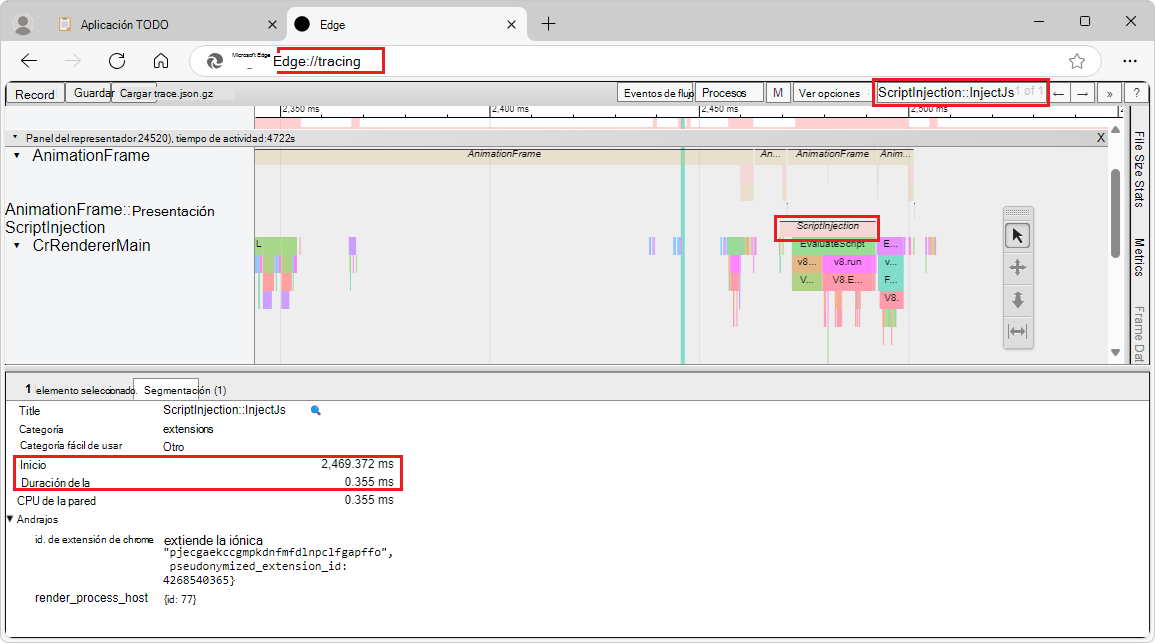 La herramienta de seguimiento perimetral que muestra un evento de inyección de scripts