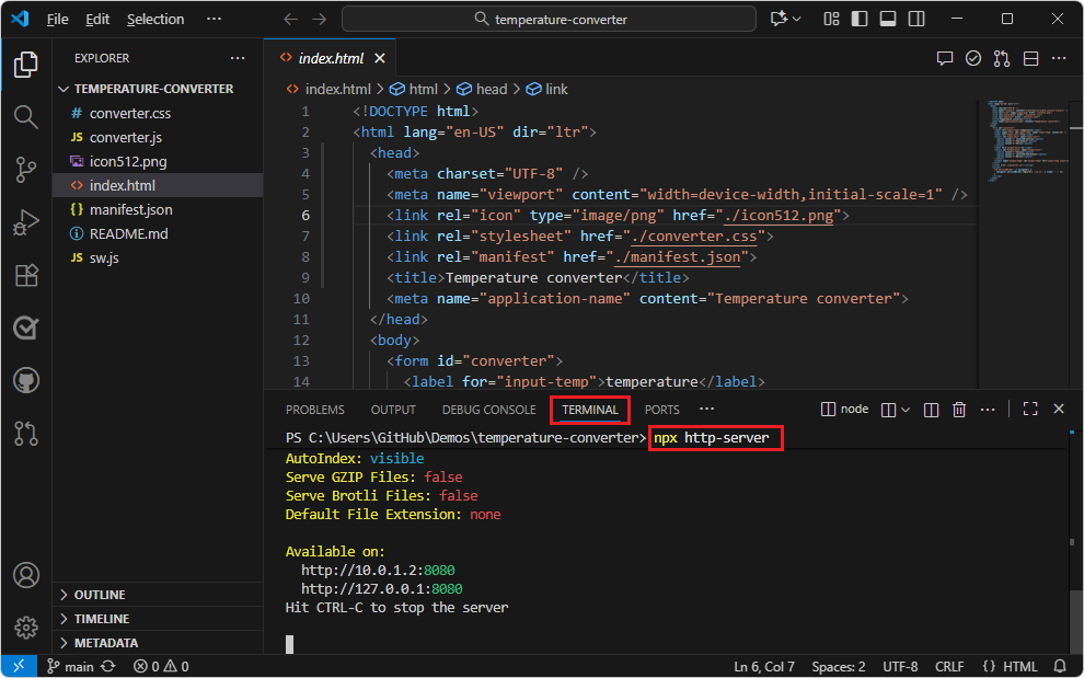 Salida del comando npx http-server en Terminal en VS Code