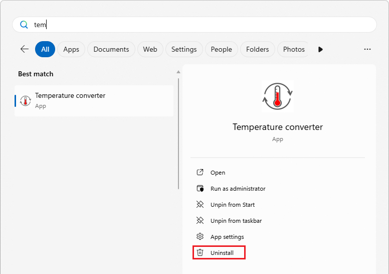 Menú Inicio de Windows que muestra el comando Desinstalar de la aplicación
