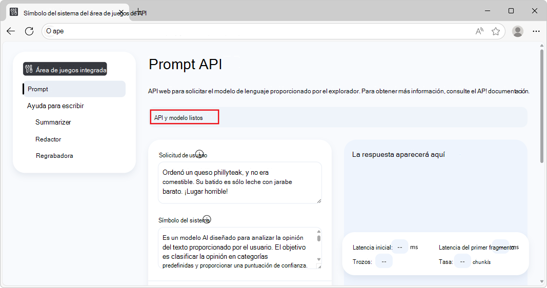 Indicador de estado que muestra la API y el modelo listos