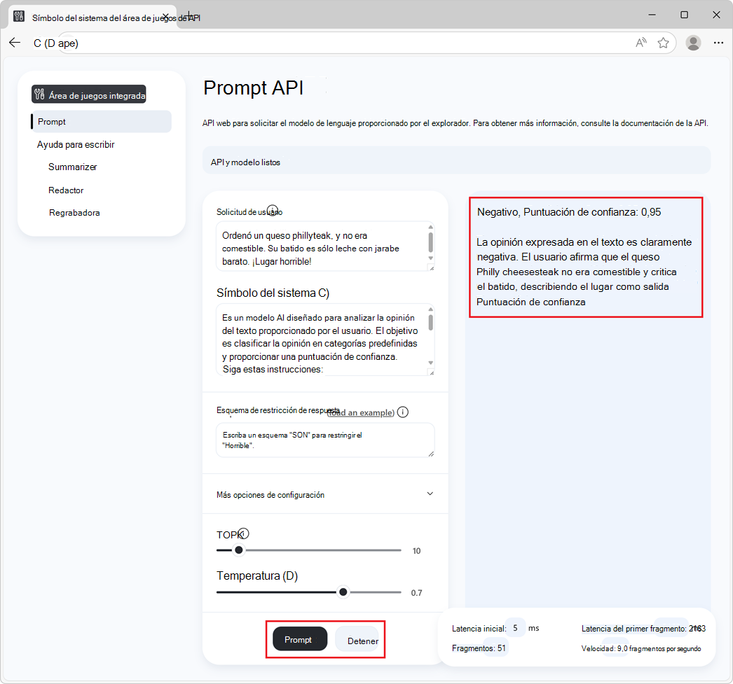 La página De demostración del símbolo del sistema con la configuración y un botón Preguntar