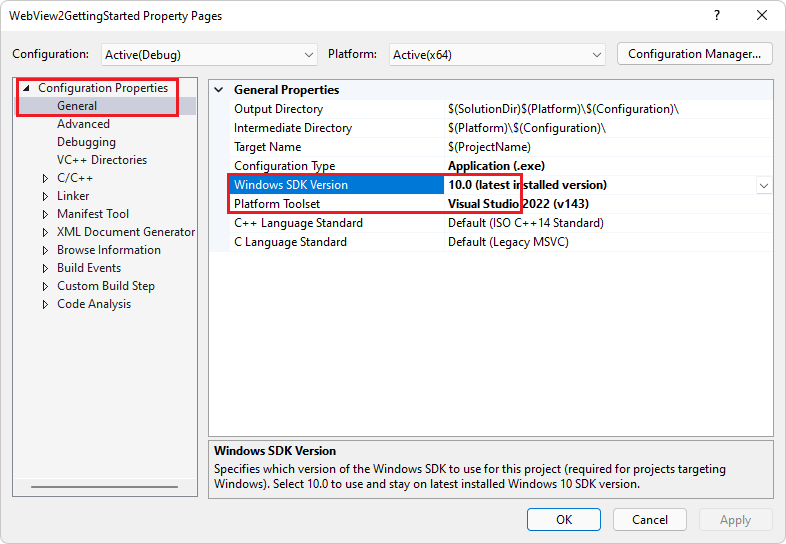 En Visual Studio 2022, Windows SDK versión ya es 10 y el conjunto de herramientas de plataforma ya es Visual Studio.