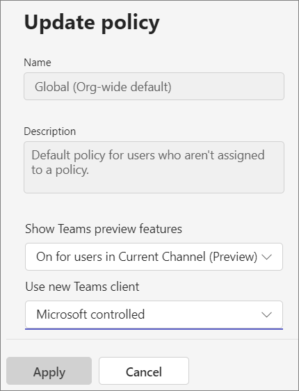 Captura de pantalla del panel directiva de actualización en el Centro de administración de Teams.
