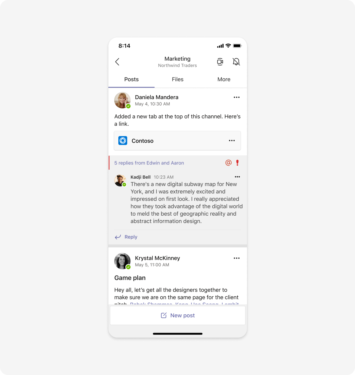 El ejemplo muestra una pestaña móvil que se está analizando en un subproceso de canal.
