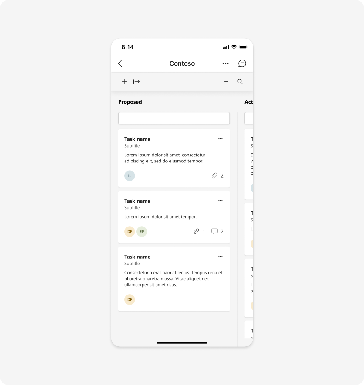 El ejemplo muestra una pestaña móvil con un panel de tareas.