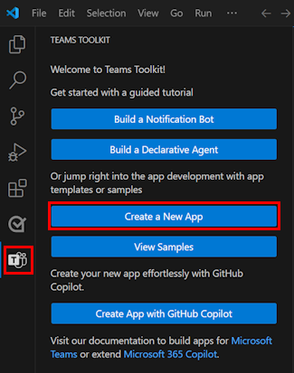 Captura de pantalla que muestra la ubicación del vínculo Crear nuevo proyecto en la barra lateral del kit de herramientas de Teams.