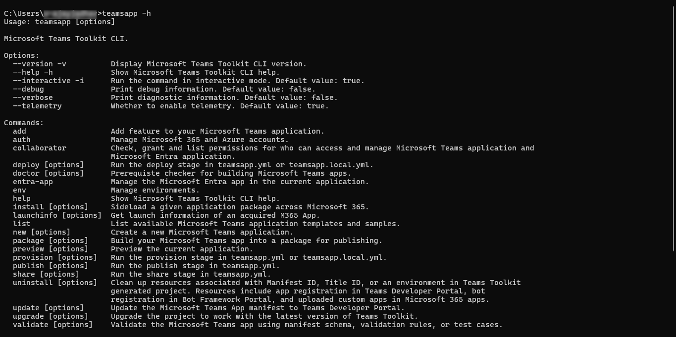 Captura de pantalla que muestra la lista de comandos disponibles.