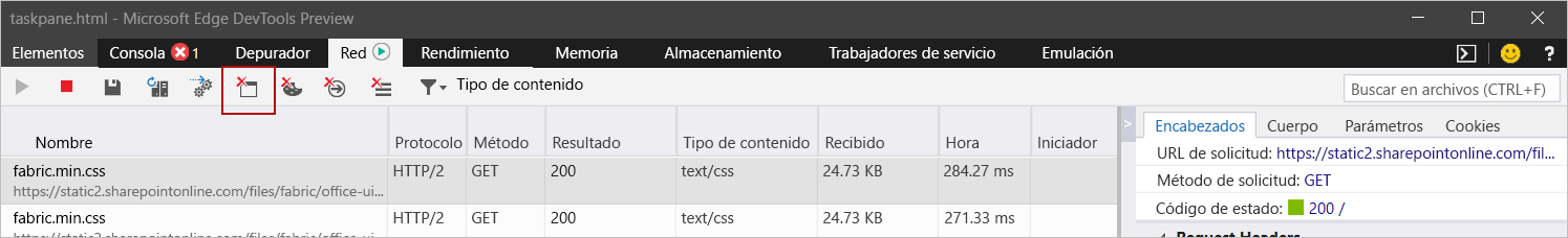 Microsoft Edge DevTools con el botón Borrar caché resaltado.