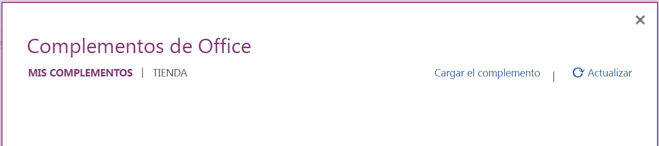 El cuadro de diálogo Complementos de Office con la pestaña MIS COMPLEMENTOS.