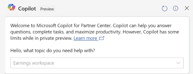 Captura de pantalla que muestra el cuadro de diálogo de bienvenida de Copilot en el Centro de partners.