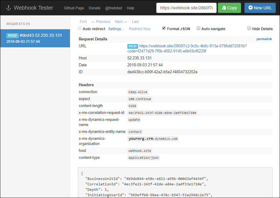 Un ejemplo de la solicitud registrada en el sitio web de WebHook Tester.