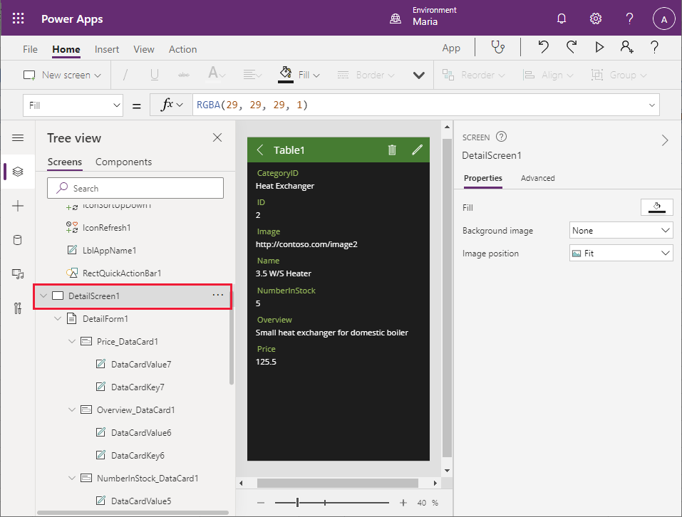 Pantalla de detalls de les peces