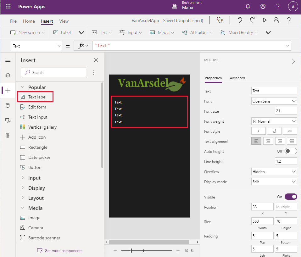 Afegir controls d'etiqueta de text.