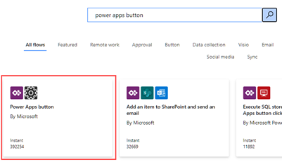 Captura de pantalla de la pàgina de la plantilla del Power Automate, amb la plantilla de botó del Power Apps seleccionada.