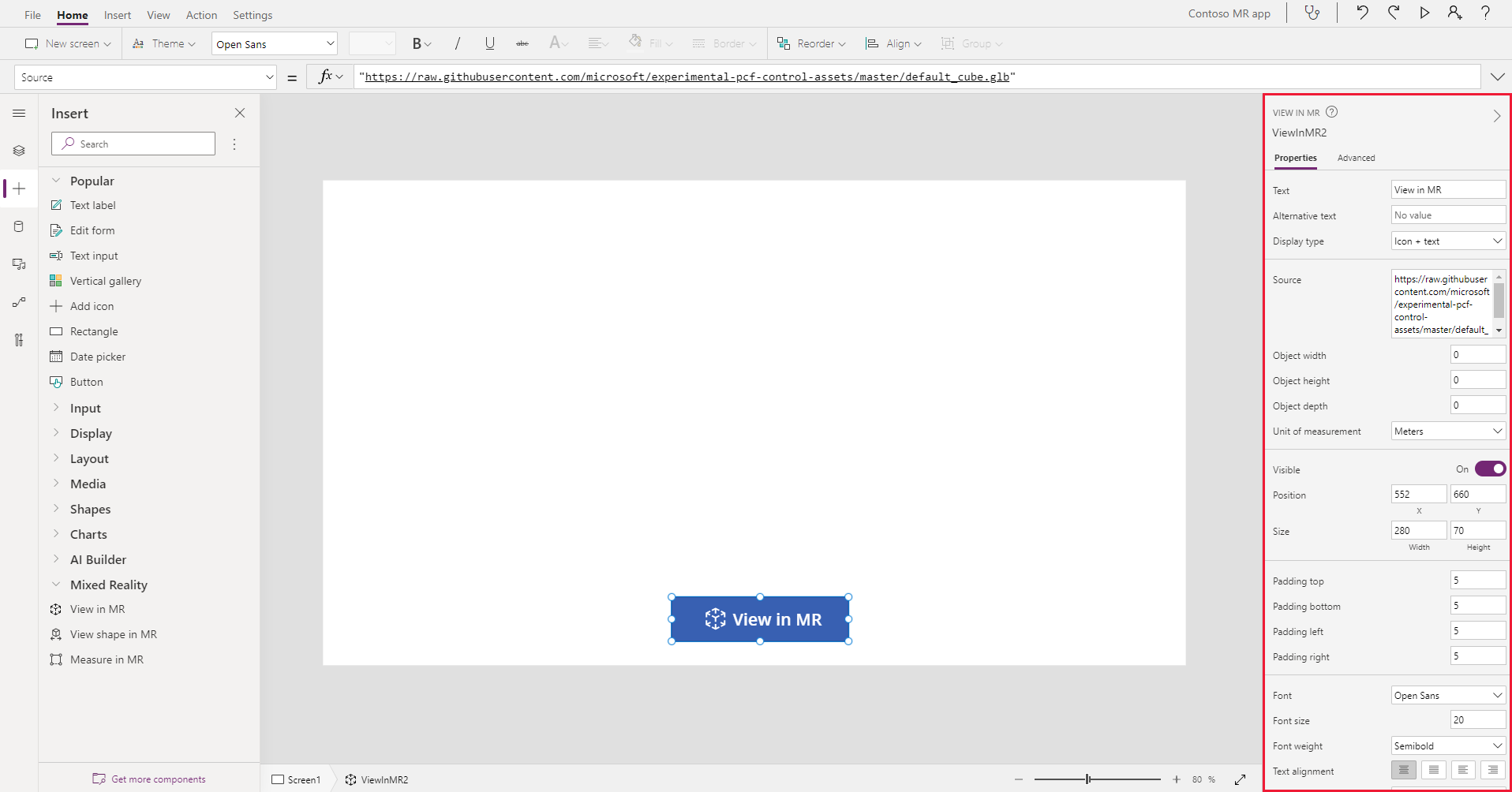 Captura de pantalla d'un botó Visualitza en MR en construcció del Microsoft Power Apps Studio, juntament amb les seves propietats.