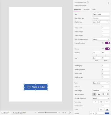 Captura de pantalla del botó Visualitza la forma en realitat mixta al costat de les seves propietats al Power Apps Studio.