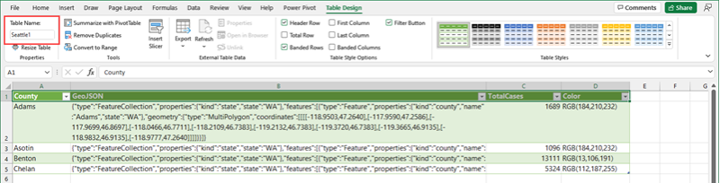 Captura de pantalla d'una taula d'Excel amb dades de forma de GeoJSON.