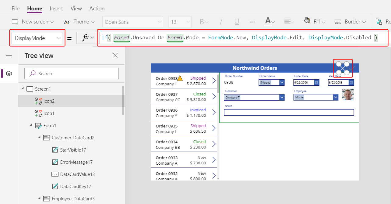 Definir la propietat DisplayMode de la icona Cancel·la.