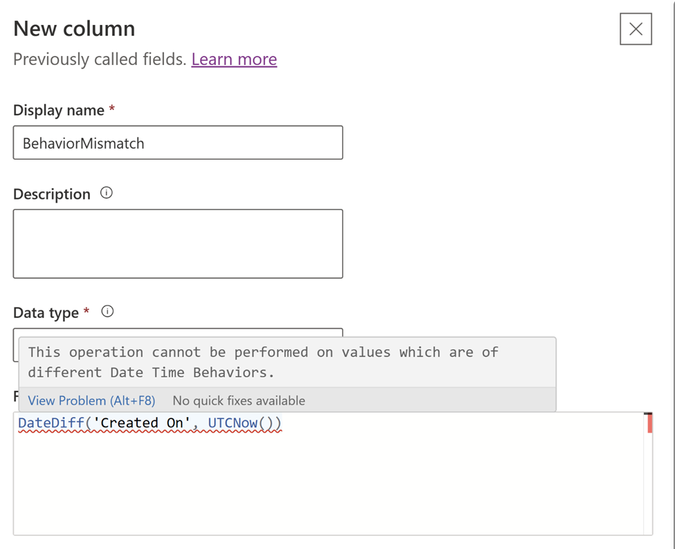 Configuració de data i hora no admesa amb una columna de fórmula