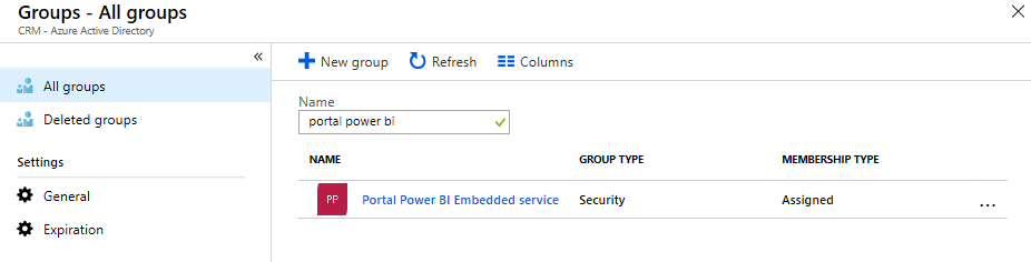 Cercar i seleccionar el grup de seguretat del servei del Power BI Embedded Cercar i seleccionar el grup de seguretat del servei del Power BI Embedded.