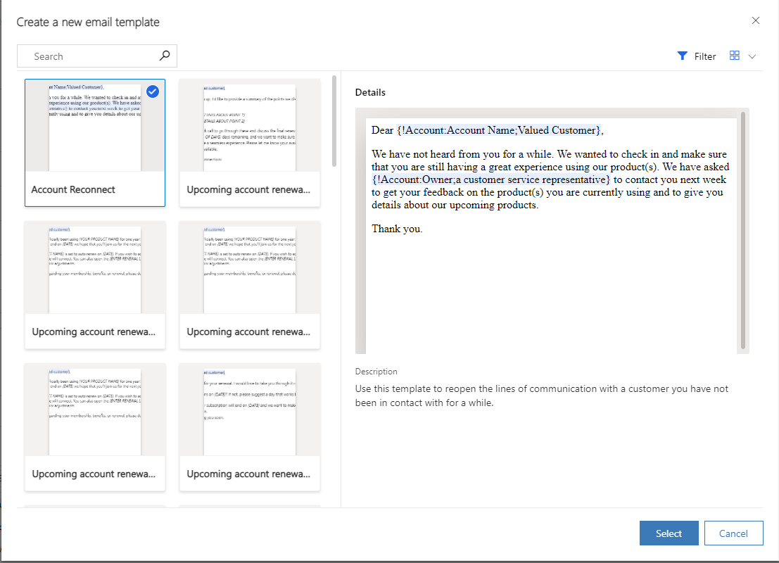 Captura de pantalla que mostra les plantilles de correu electrònic existents per començar.