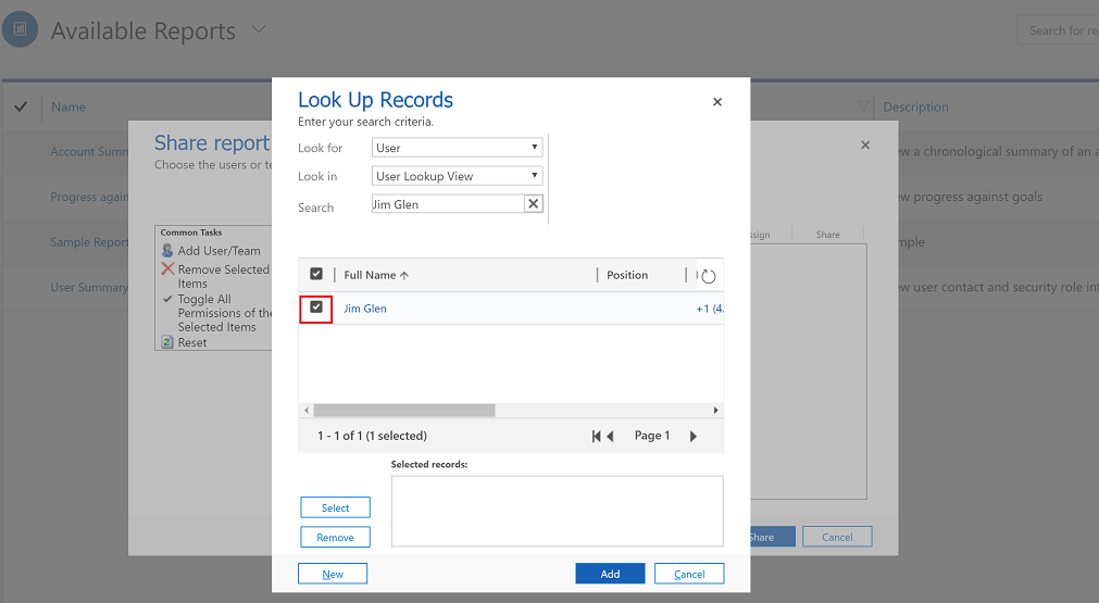 Seleccioneu l'usuari per compartir un informe.