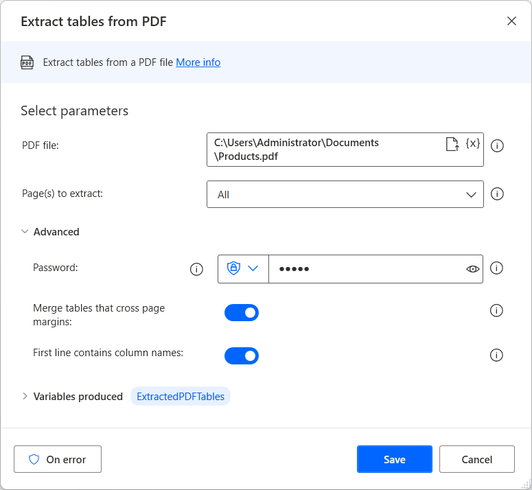 Captura de pantalla de l'acció Extreu taules del PDF.