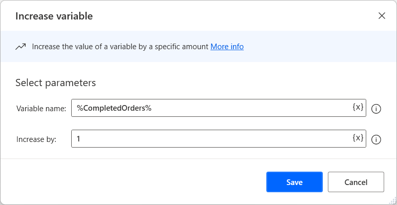 Captura de pantalla de l'acció Augmenta la variable.