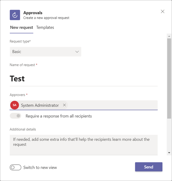 Captura de pantalla d'introduir un aprovador per a una nova sol·licitud d'aprovació.