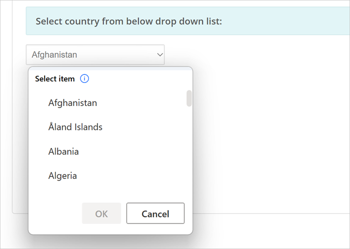 Captura de pantalla d'una pantalla personalitzada per a una llista desplegable.