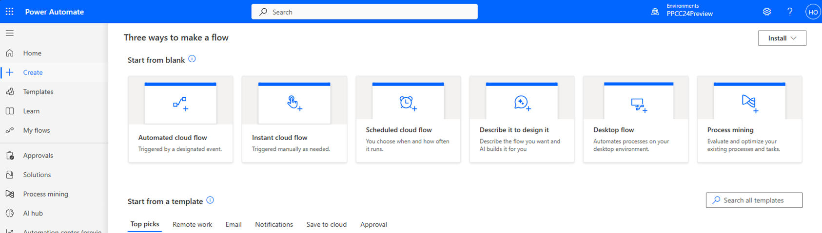 Captura de pantalla de la pàgina de creació a Power Automate