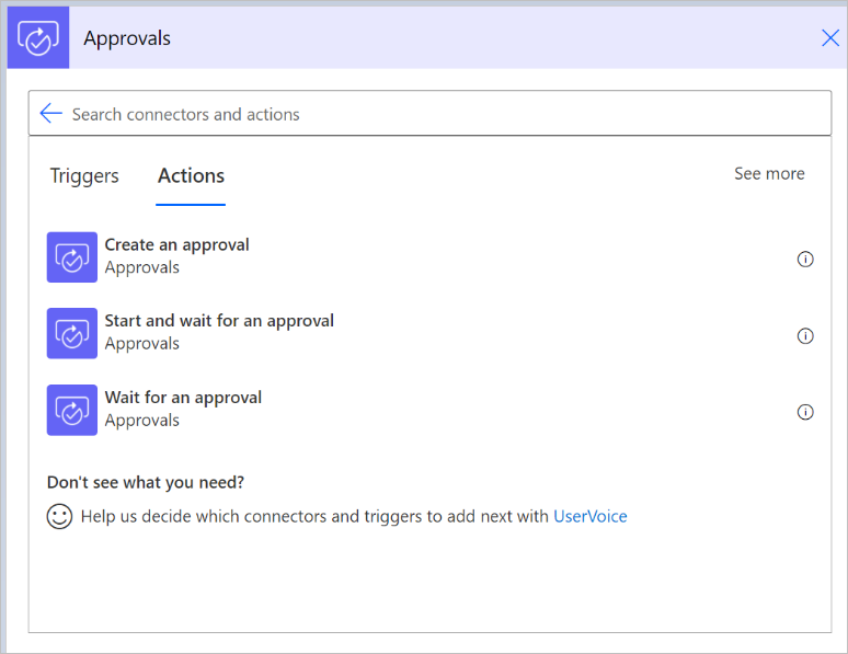Captura de pantalla que mostra les accions Crea una aprovació, Inicia i espera una aprovació i Espera una aprovació.