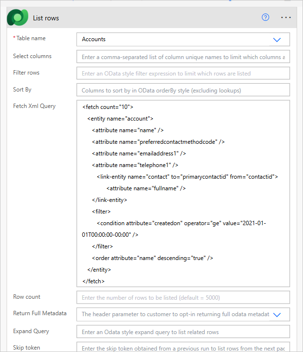 Exemple de comptes de llista amb FetchXML.