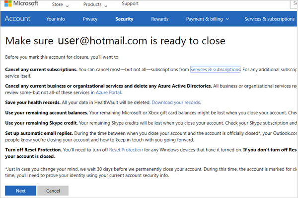 Captura de pantalla de la pàgina Tanca el portal del compte de Microsoft.
