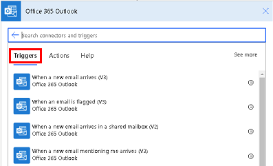 Captura de pantalla d'alguns dels desencadenants d'Outlook Office 365 .