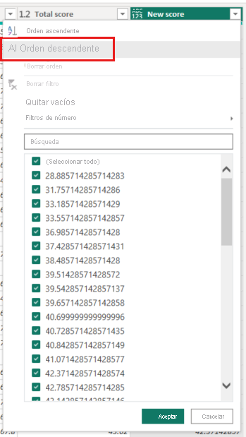 Screenshot of Power Query Editor showing the New score column with Sort Descending highlighted.