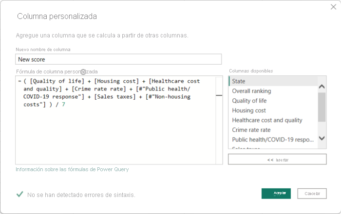 Screenshot of Power Query Editor's Custom Column dialog with formula errors fixed.