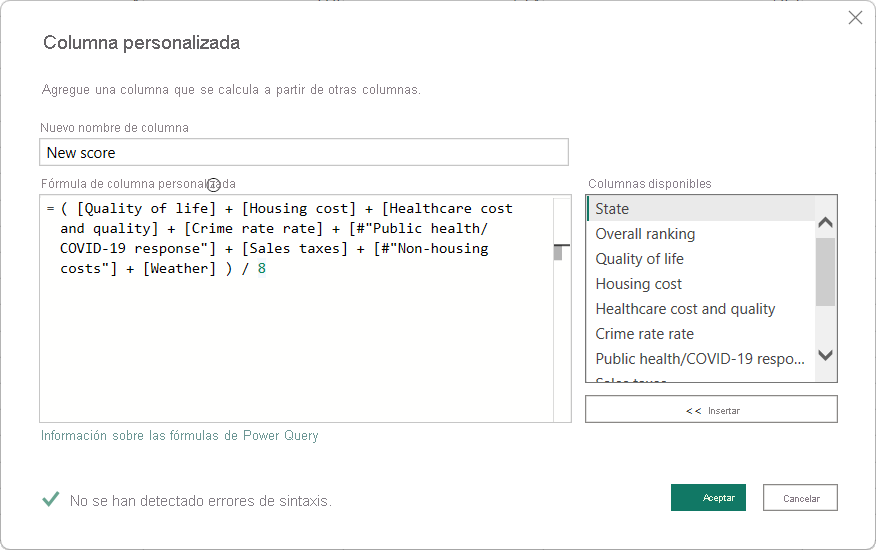 Screenshot of Power Query Editor's Custom Column dialog showing the new column name, custom column formula, and no syntax errors.