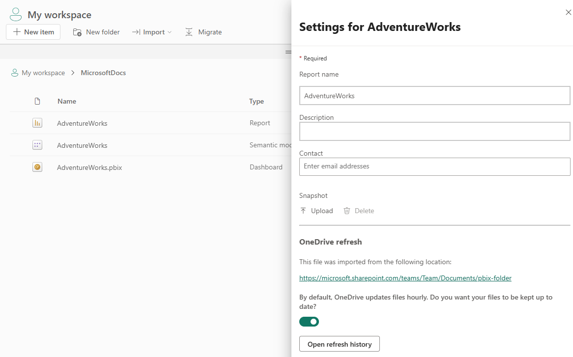 Captura de pantalla de la configuración del informe de conexión activa en la que se muestra la sección de actualización de OneDrive.