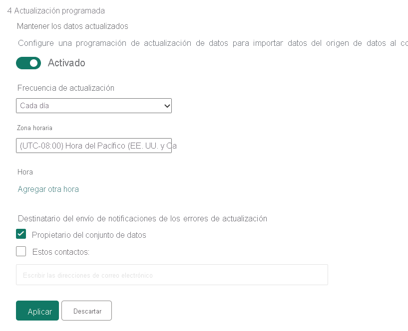 Captura de pantalla del cuadro de diálogo Programar actualización del servicio Power BI.