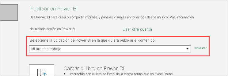 En la captura de pantalla se muestra la opción Publicar en Power BI con Mi área de trabajo seleccionada.