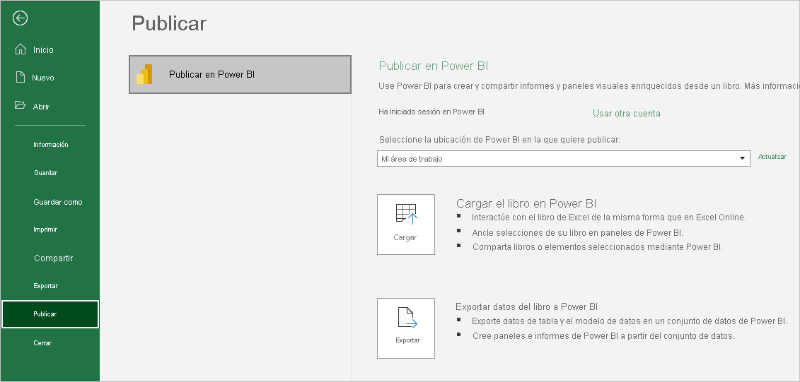 Captura de pantalla que muestra Publicar un libro en Power BI en Excel.